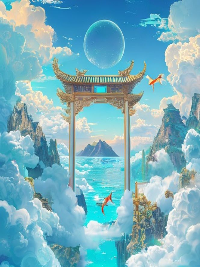 云海与星光围绕的漂浮天穹花园